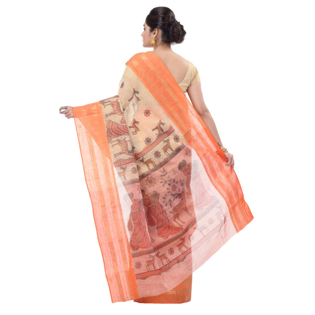 Orange Pure Cotton Sakuntala Tant Saree Print (1955)